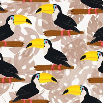Seamless pattern with cute cartoon toucan bird on branch. Vector illustration Ilustración de archivo