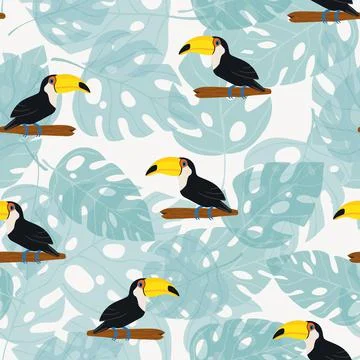 Seamless pattern with cute cartoon toucan bird on branch. Vector illustration Ilustración de archivo