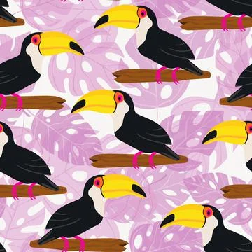 Seamless pattern with cute cartoon toucan bird on branch. Vector illustration イラスト素材