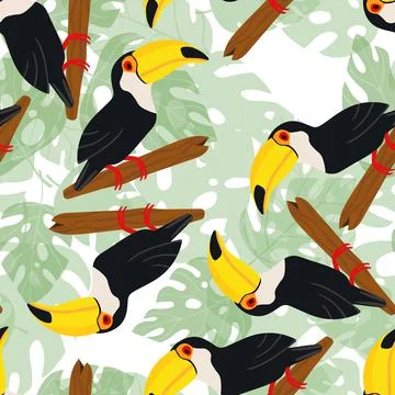 Seamless pattern with cute cartoon toucan bird on branch. Vector illustration Stock Illustration