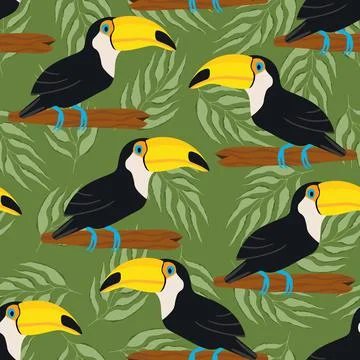 Seamless pattern with cute cartoon toucan bird on branch. Vector illustration Stockillustratie