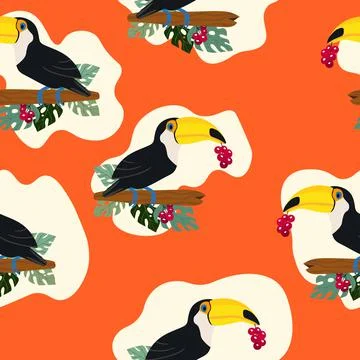 Seamless pattern with cute cartoon toucan bird on branch. Vector illustration Ilustración de archivo