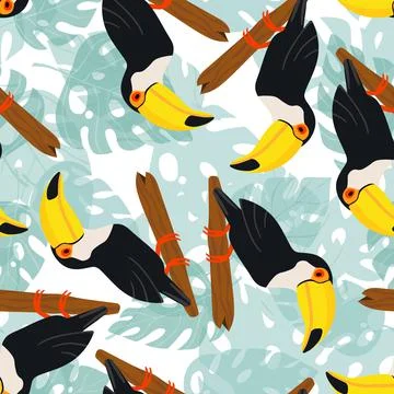 Seamless pattern with cute cartoon toucan bird on branch. Vector illustration Illustrazione stock