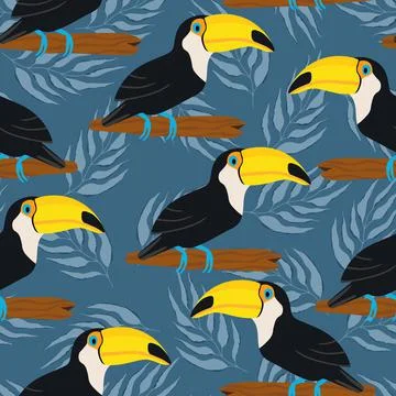 Seamless pattern with cute cartoon toucan bird on branch. Vector illustration 스톡 일러스트