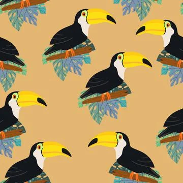 Seamless pattern with cute cartoon toucan bird on branch. Vector illustration Ilustración de archivo