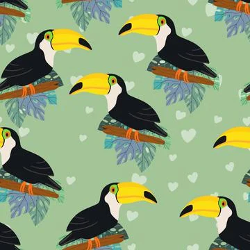 Seamless pattern with cute cartoon toucan bird on branch. Vector illustration Stockillustratie