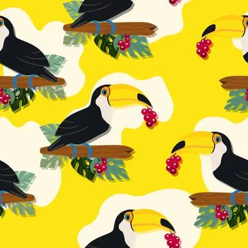 Seamless pattern with cute cartoon toucan bird on branch. Vector illustration Ilustración de archivo