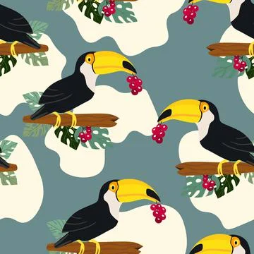 Seamless pattern with cute cartoon toucan bird on branch. Vector illustration Ilustración de archivo
