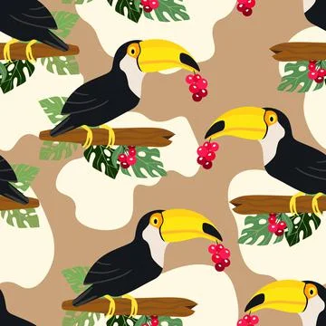 Seamless pattern with cute cartoon toucan bird on branch. Vector illustration Ilustración de archivo