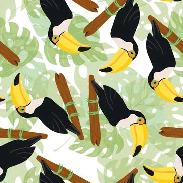 Seamless pattern with cute cartoon toucan bird on branch. Vector illustration イラスト素材