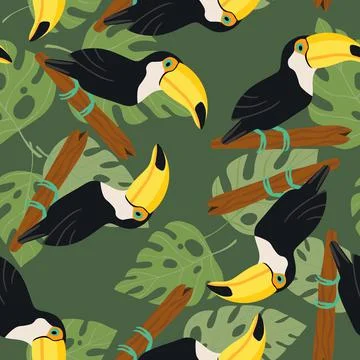 Seamless pattern with cute cartoon toucan bird on branch. Vector illustration 库存插图