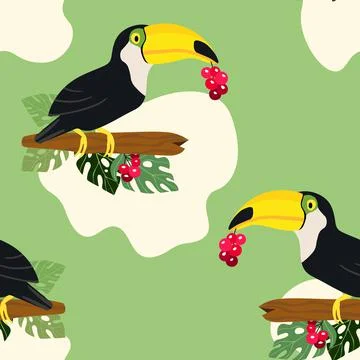Seamless pattern with cute cartoon toucan bird on branch. Vector illustration 库存插图