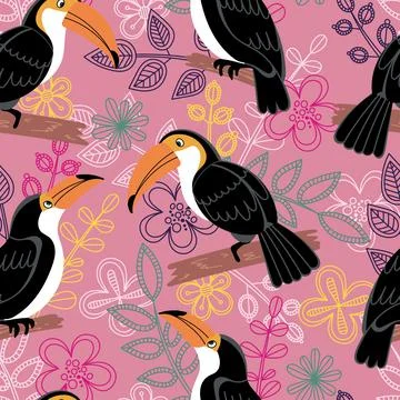 Seamless pattern with cute cartoon toucan bird on branch. Vector illustration Illustrazione stock