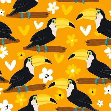 Seamless pattern with cute cartoon toucan bird on branch. Vector illustration イラスト素材