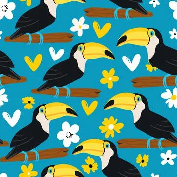Seamless pattern with cute cartoon toucan bird on branch. Vector illustration Stockillustratie
