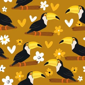Seamless pattern with cute cartoon toucan bird on branch. Vector illustration Stock Illustration