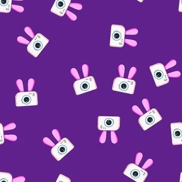 Seamless pattern Cute cartoon toy camera with pink bunny ears Stock Illustration