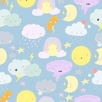 Seamless Pattern with Cute Cartoon Weather on Blue Background イラスト素材