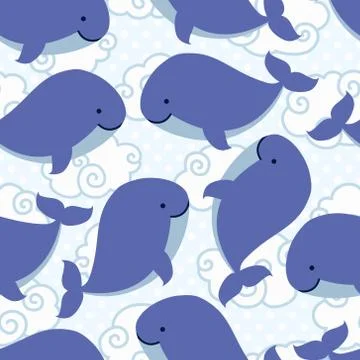 Seamless pattern with cute cartoon whale in clouds Stock Illustration
