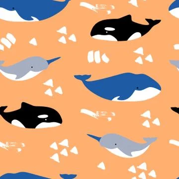 Seamless pattern with cute cartoon whale, orca, narwhal on orange background Illustrazione stock