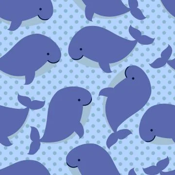 Seamless pattern with cute cartoon whales shoal on blue background Stock Illustration