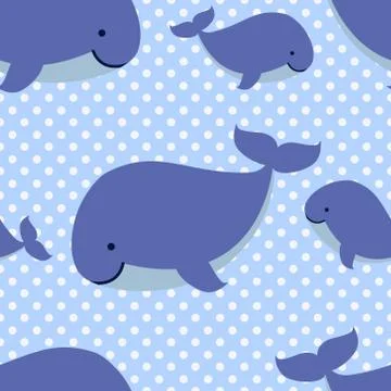 Seamless pattern with cute cartoon whales on blue dotted background Stock Illustration