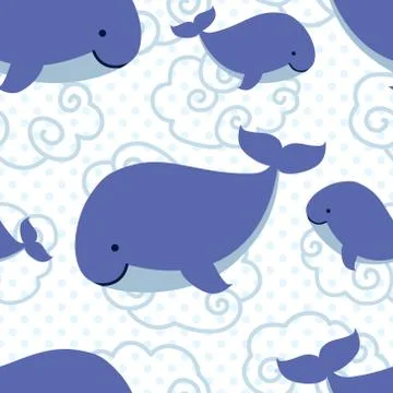 Seamless pattern with cute cartoon whales Stock Illustration