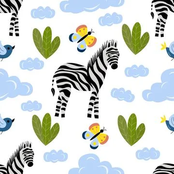 Seamless pattern of cute cartoon zebra, butterfly, cloud and leaves on a white Stock Illustration