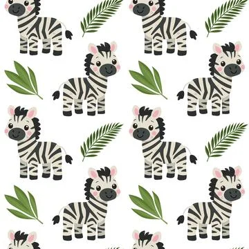 Seamless pattern with cute cartoon zebras and green tropical leaves 스톡 일러스트