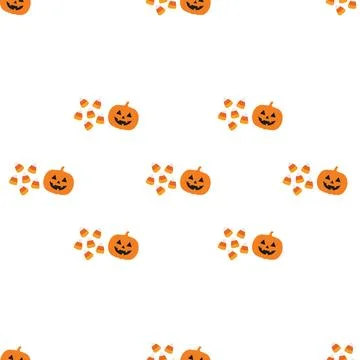 Seamless pattern with cute carved Halloween pumpkins and autumn leaves on w.. Stock Illustration