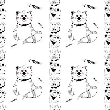 Seamless pattern with cute cat and funny mice. Vector. Stock Illustration
