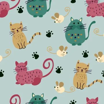Seamless pattern with cute cat and mouse. Stock-Illustration