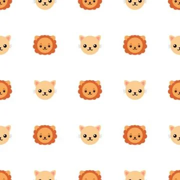 Seamless pattern with cute cat and lion. Vector illustration for design, web. Illustrazione stock