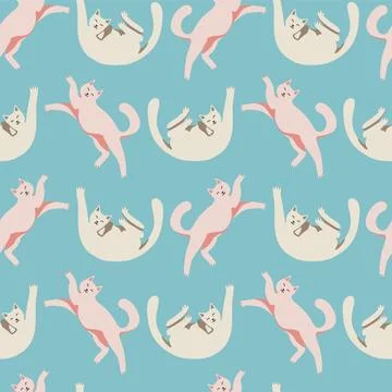 Seamless pattern with cute cat and packing gifts. Playing cat. Vector Stock Illustration