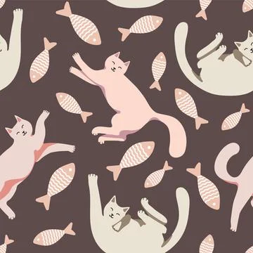 Seamless pattern with cute cat and striped fish. Playing cat. Vector Illustrazione stock