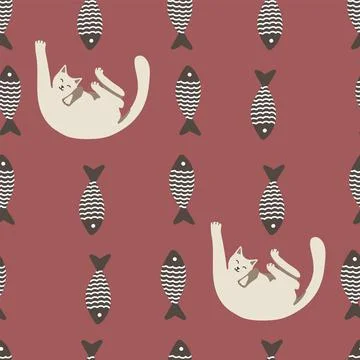 Seamless pattern with cute cat and striped fish. Playing cat. Vector Stock Illustration