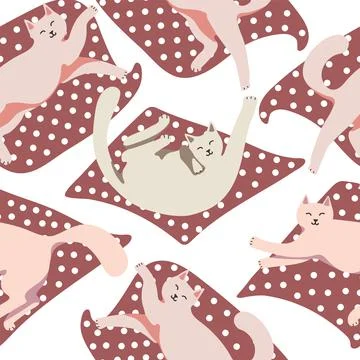 Seamless pattern with cute cat and packing gifts. Playing cat. Vector Stock Illustration