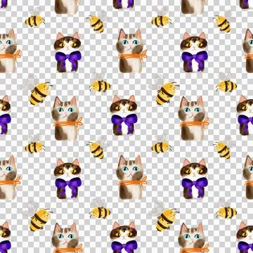 A seamless pattern with a cute cat and a bee. Fun characters for decorating Stock Illustration