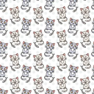Seamless pattern of cute cat characters. Fishbone 스톡 일러스트