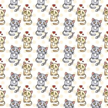 Seamless pattern of cute cat characters. Pet in love. Fishbone 스톡 일러스트