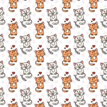 Seamless pattern of cute cat characters. Pet in love. Fishbone 스톡 일러스트