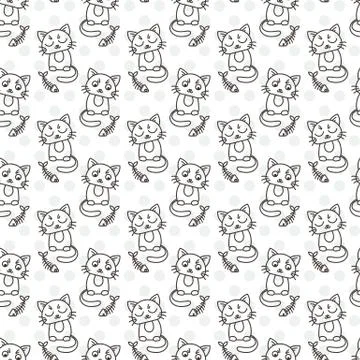 Seamless pattern of cute cat characters. Fishbone Stock Illustration
