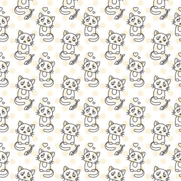 Seamless pattern of cute cat characters. Pet in love. Fishbone Stock Illustration