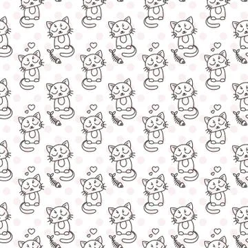 Seamless pattern of cute cat characters. Pet in love. Fishbone 스톡 일러스트