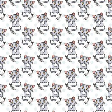 Seamless pattern of cute cat characters. Fishbone 스톡 일러스트