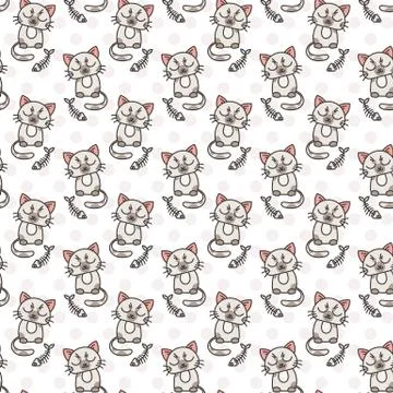 Seamless pattern of cute cat characters. Fishbone 스톡 일러스트