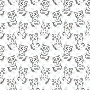 Seamless pattern of cute cat characters. Fishbone 스톡 일러스트