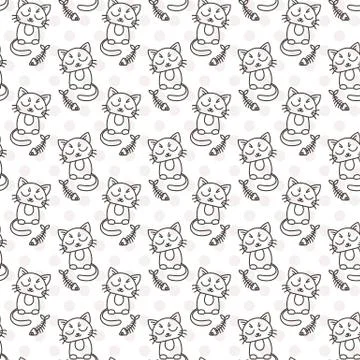 Seamless pattern of cute cat characters. Fishbone 스톡 일러스트