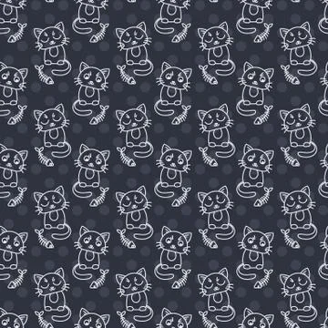 Seamless pattern of cute cat characters. Fishbone 스톡 일러스트