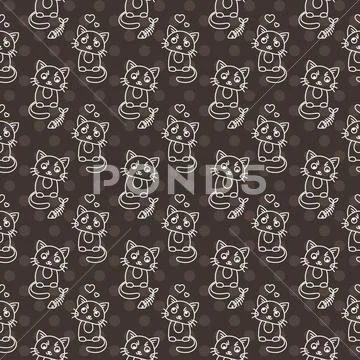 Black and white seamless pattern with hearts, cat and hearts. Cool